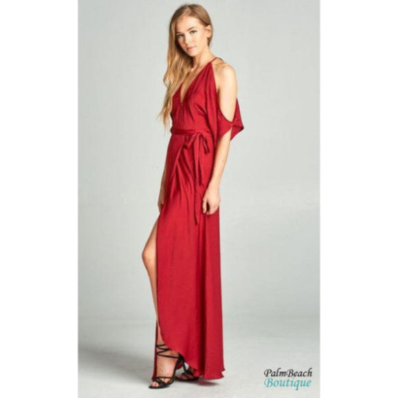 Aakaa Red Maxi Wrap Cold Shoulder Dress - Picture 2 of 4